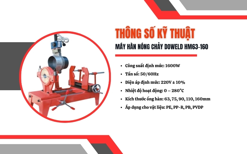 Thông số kỹ thuật của máy hàn nóng chảy Doweld HM63-160