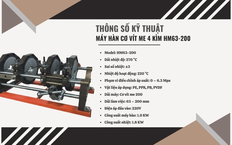 Thông số kỹ thuật của máy hàn cơ vít me 4 kìm HM63-200