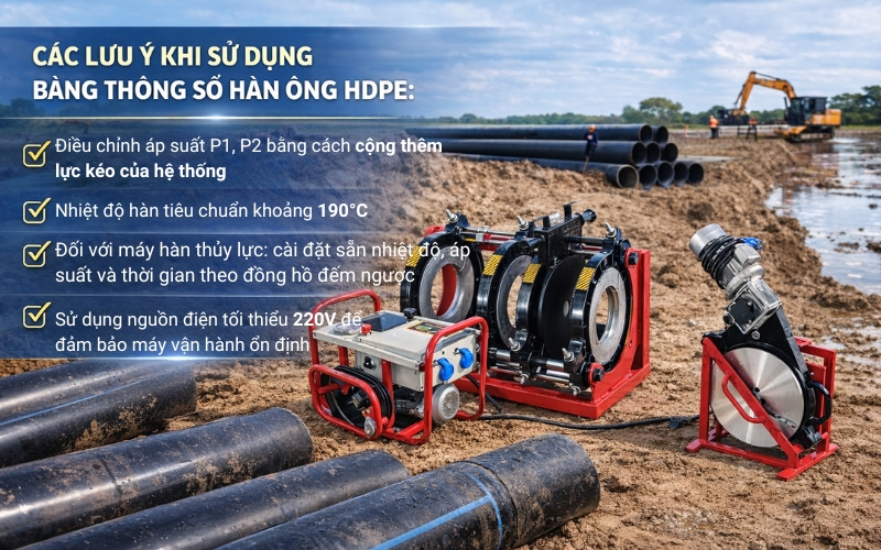 Một số điểm cần lưu ý khi sử dụng bảng thông số hàn ống HDPE