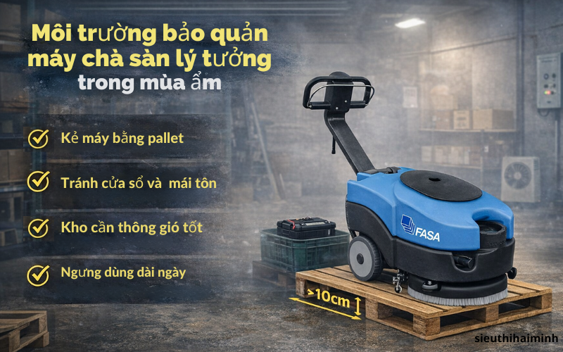 Môi trường bảo quản máy chà sàn lý tưởng trong mùa ẩm