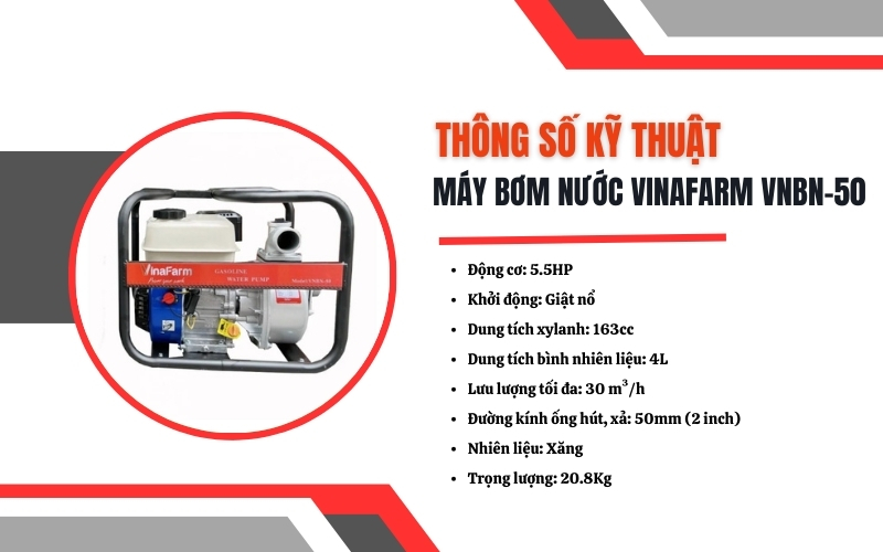 Thông số kỹ thuật máy bơm nước Vinafarm VNBN-50