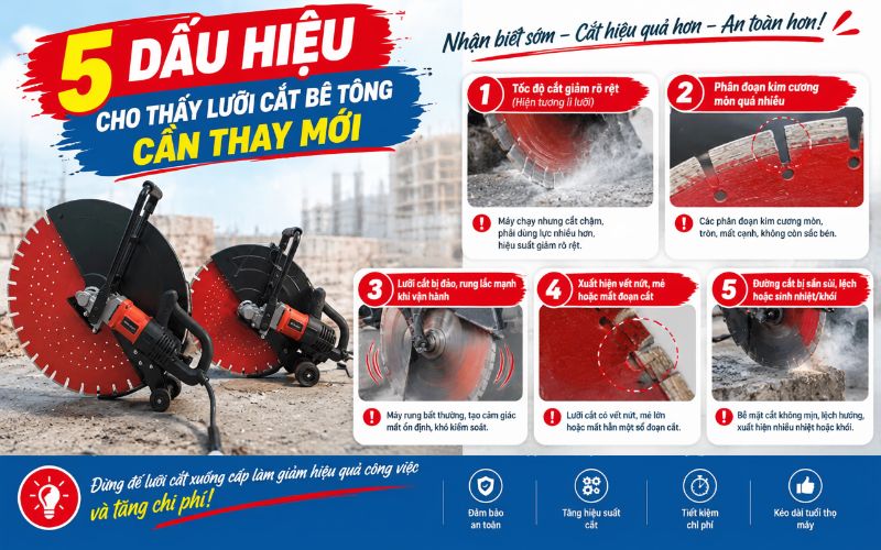 5 dấu hiệu cho thấy lưỡi cắt bê tông cần thay mới