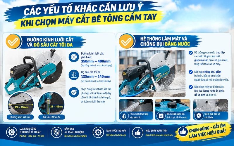 Các yếu tố quan trọng khác cần lưu ý khi chọn máy cắt bê tông cầm tay