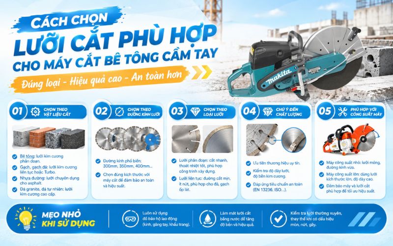 Cách chọn lưỡi cắt phù hợp cho máy cắt bê tông cầm tay