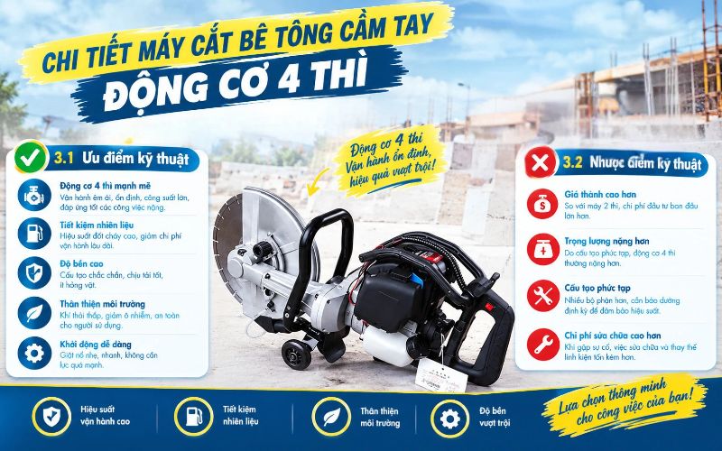 Chi tiết máy cắt bê tông cầm tay động cơ 4 thì