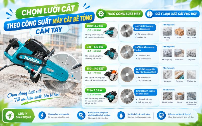 Chọn lưỡi cắt theo công suất máy cắt bê tông cầm tay