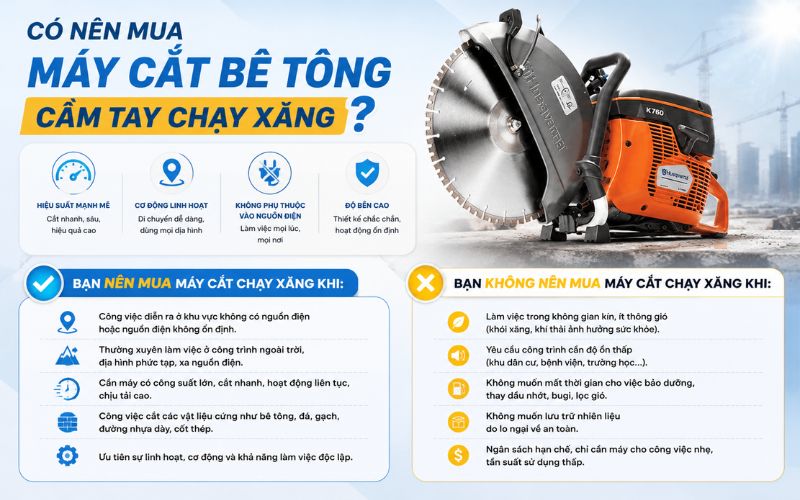 Có nên mua máy cắt bê tông cầm tay chạy xăng không?
