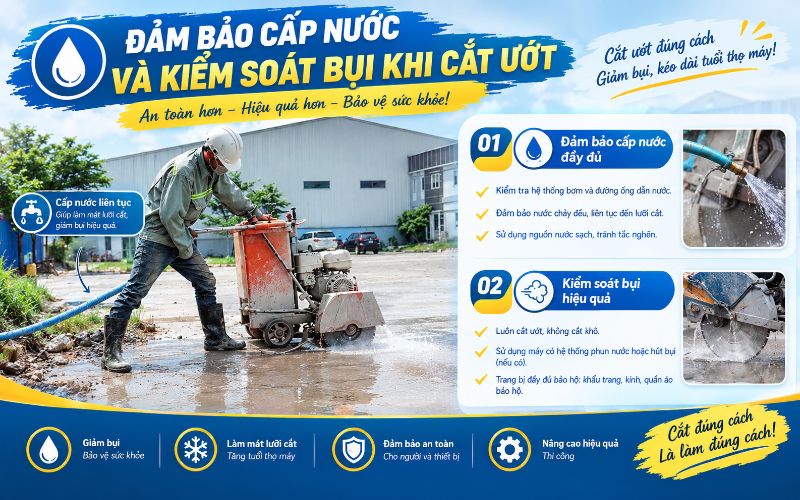 Đảm bảo cấp nước và kiểm soát bụi khi cắt ướt