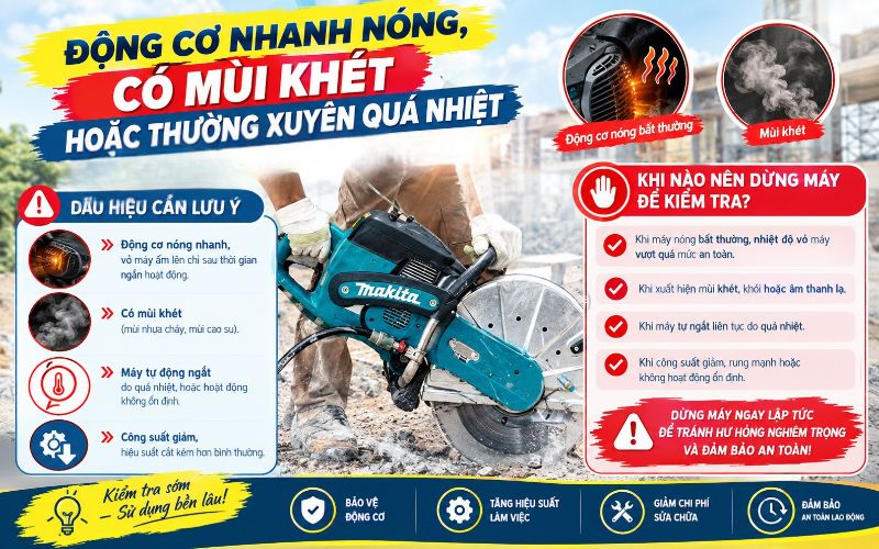 Động cơ nhanh nóng, có mùi khét hoặc thường xuyên quá nhiệt