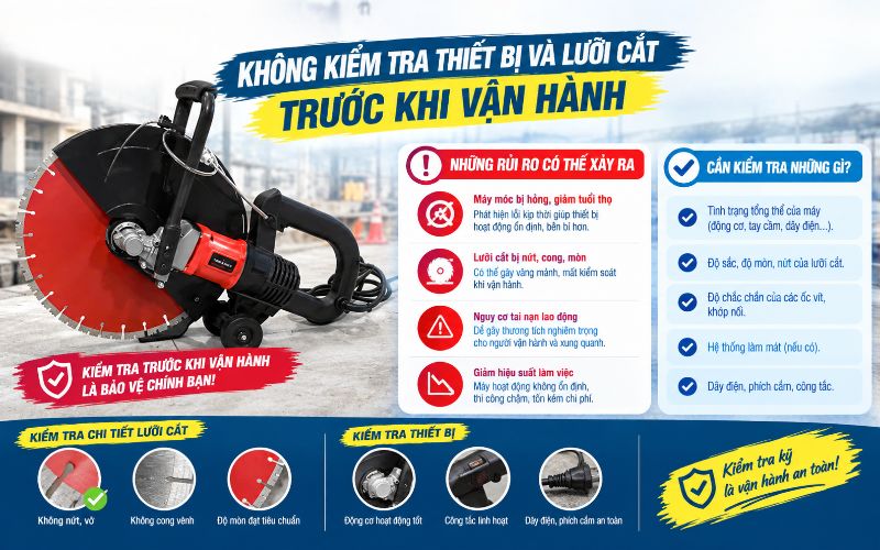 Không kiểm tra thiết bị và lưỡi cắt trước khi vận hành