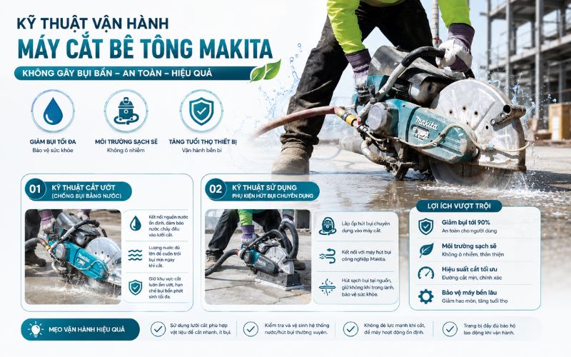 Kỹ thuật vận hành máy cắt bê tông Makita không gây bụi bẩn