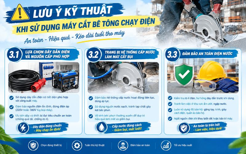 Lưu ý kỹ thuật khi sử dụng máy cắt bê tông chạy điện