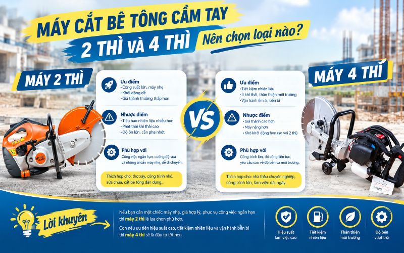 Máy cắt bê tông cầm tay 2 thì và 4 thì: Nên chọn loại nào