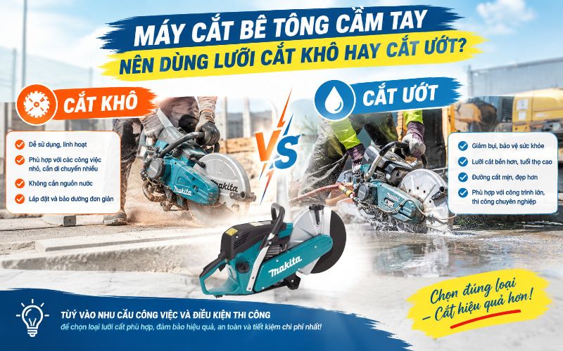 Máy cắt bê tông cầm tay nên dùng lưỡi cắt khô hay cắt ướt