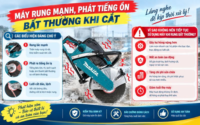 Máy rung mạnh, phát tiếng ồn bất thường khi cắt