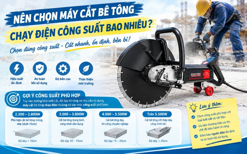 Nên chọn máy cắt bê tông chạy điện công suất bao nhiêu