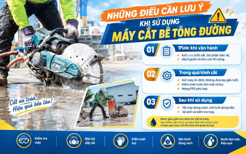 Những điều cần lưu ý khi sử dụng máy cắt bê tông đường