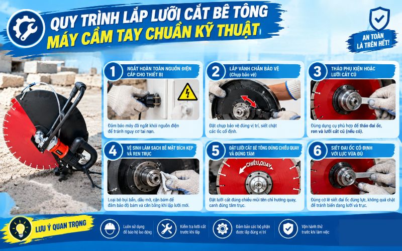Quy trình lắp lưỡi cắt bê tông máy cầm tay chuẩn kỹ thuật