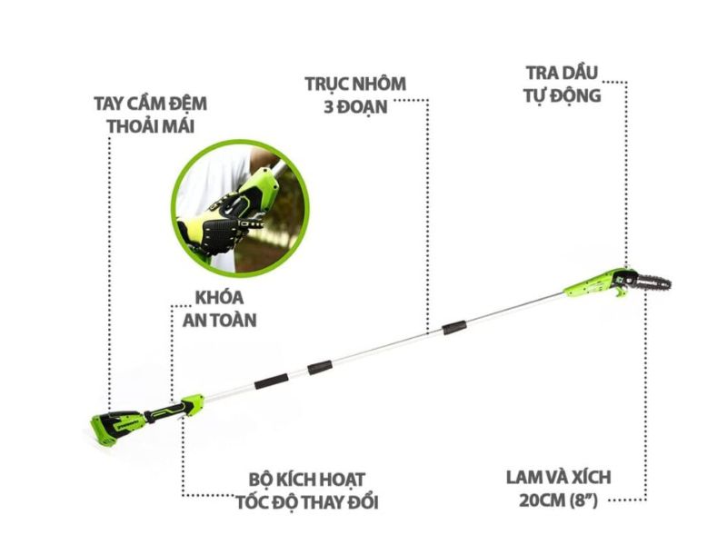 Máy tỉa cành tầm cao dùng pin Greenworks PS24B00 (24V)