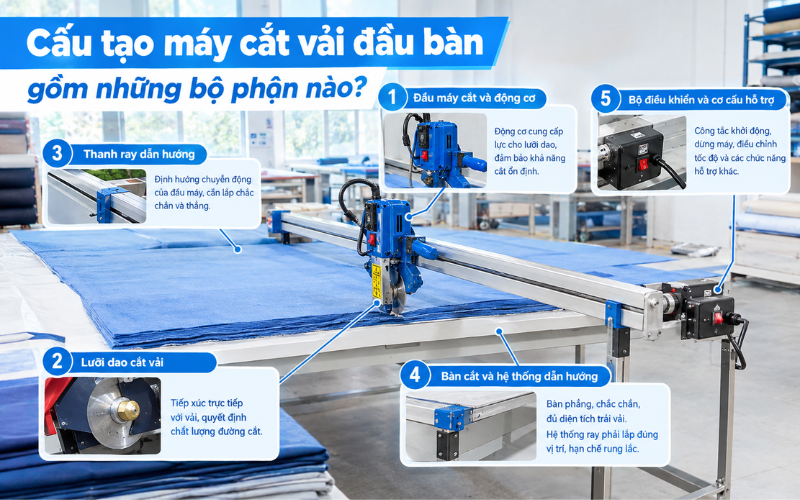 Cấu tạo máy cắt vải đầu bàn gồm những bộ phận nào