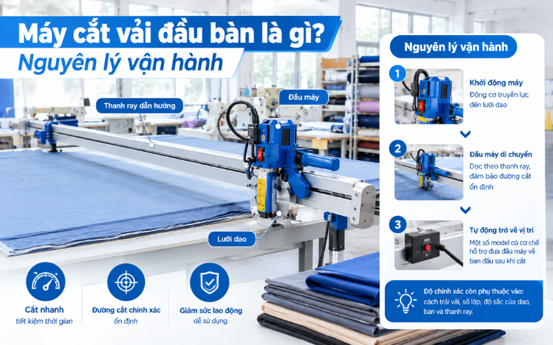 Máy cắt vải đầu bàn là gì? Nguyên lý vận hành