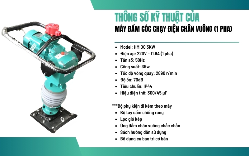 Thông số kỹ thuật của máy đầm cóc chạy điện chân vuông (1 pha) (dây đồng)