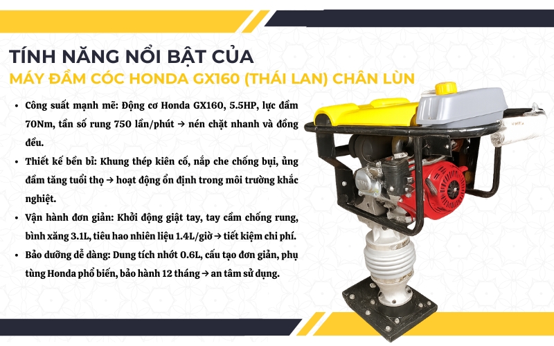 Đặc điểm và tính năng nổi bật của máy đầm cóc Honda GX160