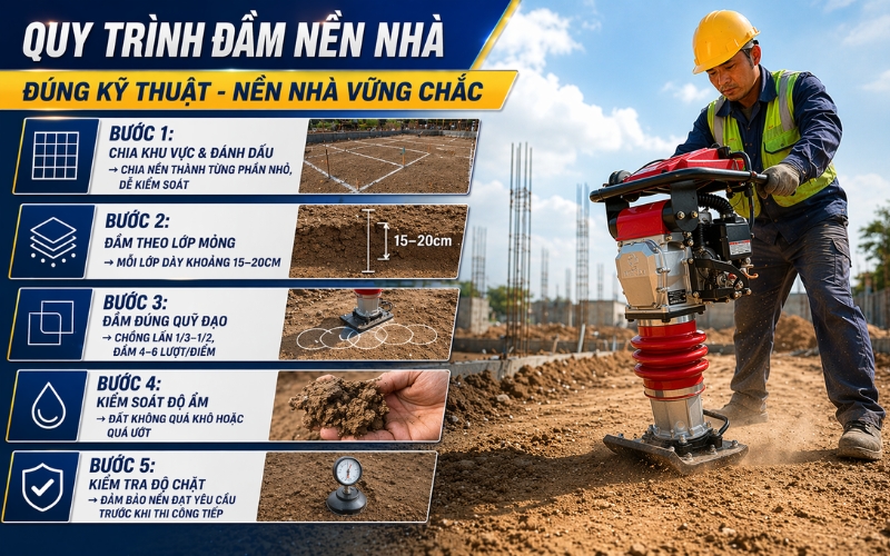 Hướng dẫn đầm nền nhà tránh bị sụt lún với máy đầm cóc
