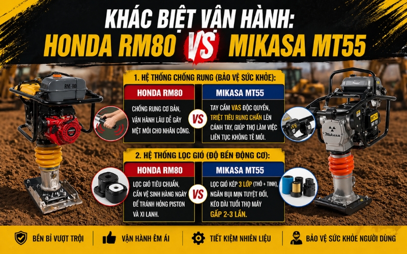 Khác biệt khi vận hành máy đầm cóc RM80 và đầm cóc Mikasa MT55