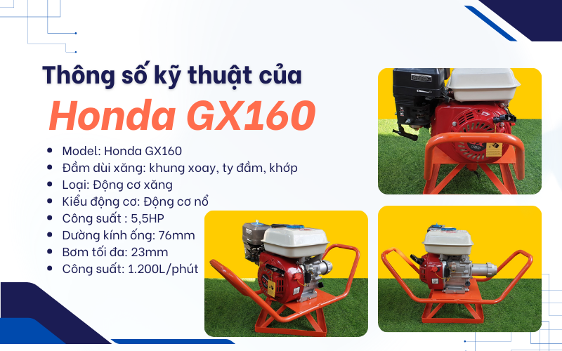 Thông số kỹ thuật đầm dùi Honda GX160 (Thái Lan):