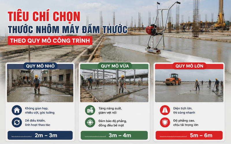 Tiêu chí chọn thước nhôm máy đầm thước theo quy mô công trình