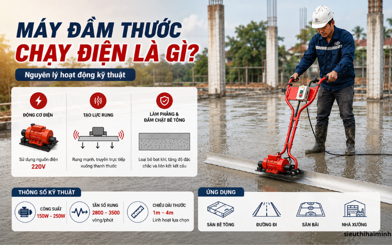 Máy đầm thước chạy điện là gì? Nguyên lý hoạt động kỹ thuật