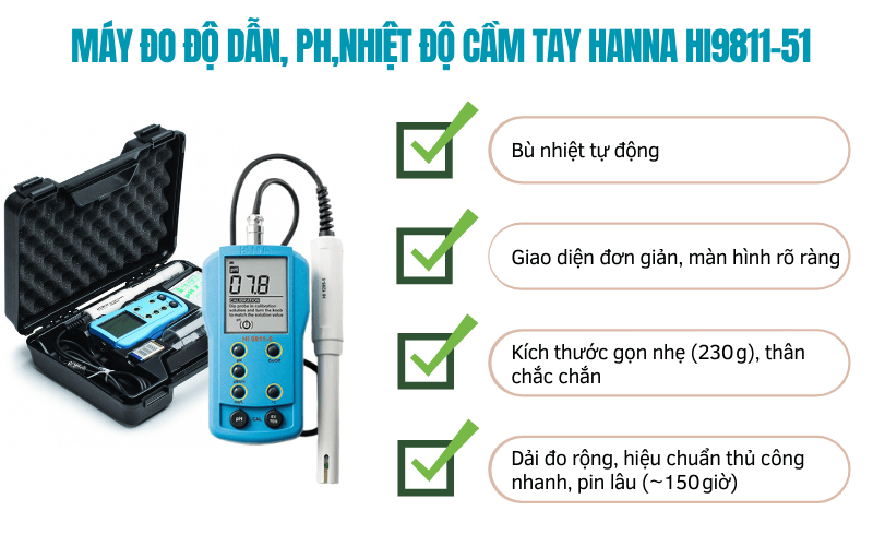 Máy đo độ dẫn, PH,nhiệt độ cầm tay Hanna HI9811-51