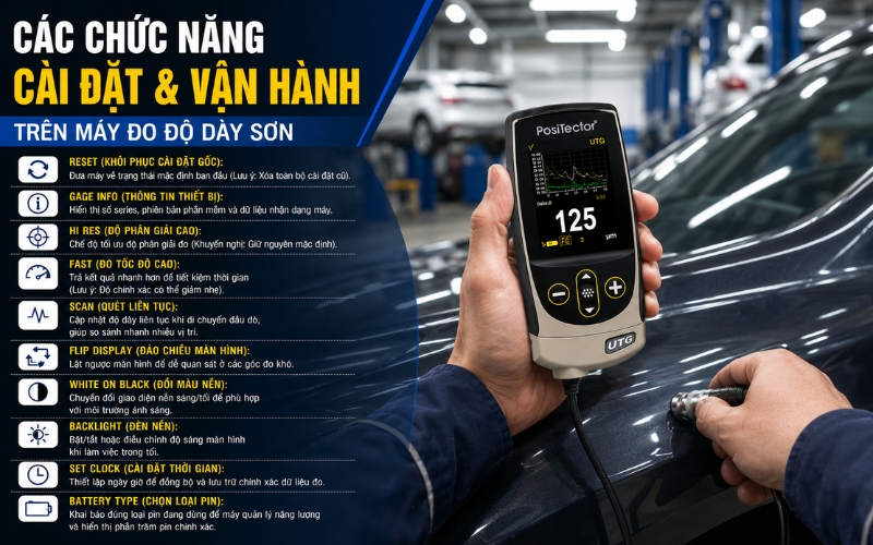 Các chức năng cài đặt và vận hành trên máy đo độ dày sơn