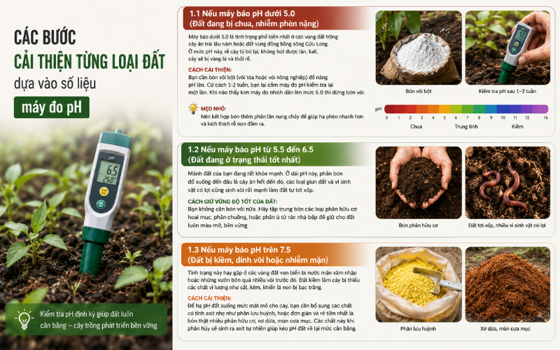 Các bước cải thiện từng loại đất cụ thể dựa vào số liệu máy đo pH