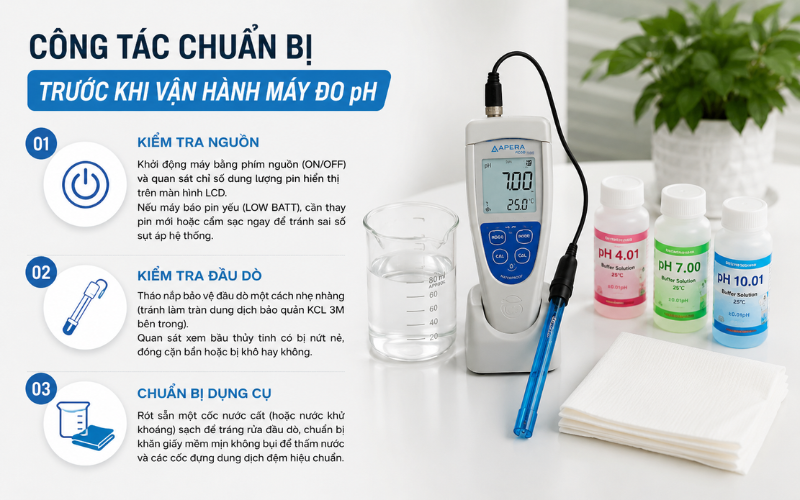 Công tác chuẩn bị trước khi vận hành máy đo pH