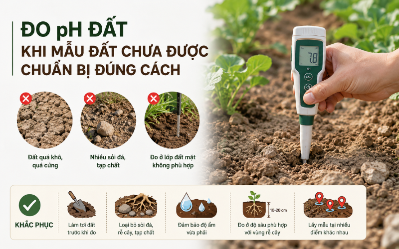  Đo pH đất khi mẫu đất chưa được chuẩn bị đúng cách