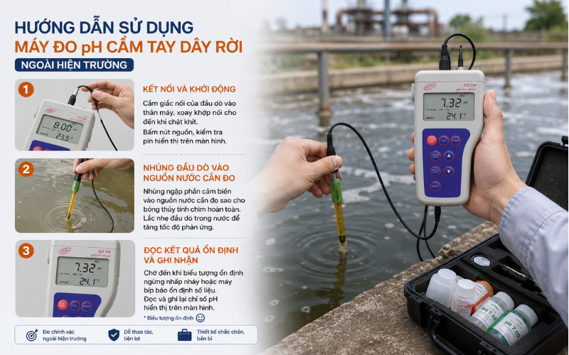 Hướng dẫn các bước sử dụng máy đo ph cầm tay dây rời ngoài hiện trường