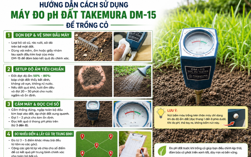 Hướng dẫn cách sử dụng máy đo pH đất Takemura DM-15 để trồng cỏ