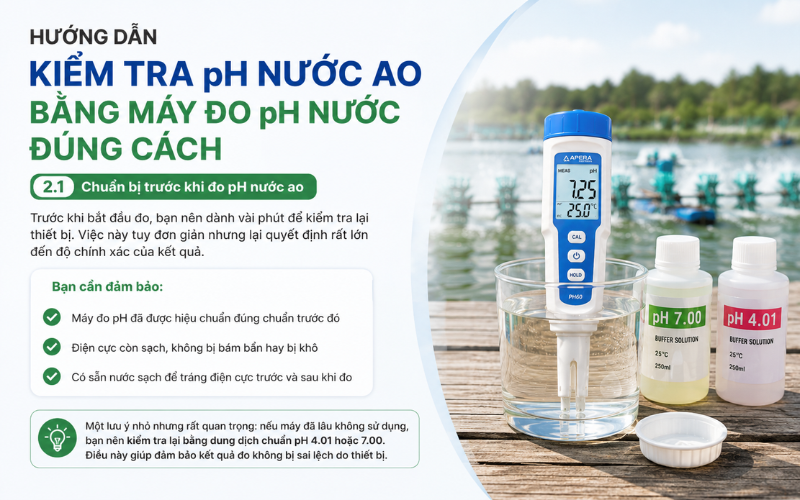 Hướng dẫn kiểm tra pH nước ao bằng máy đo pH nước đúng cách