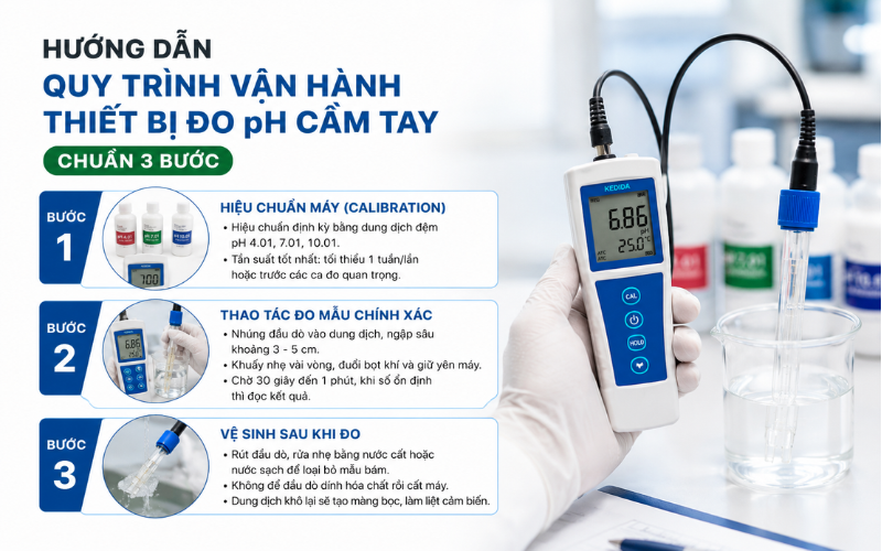 Hướng dẫn quy trình vận hành thiết bị đo pH cầm tay chuẩn 3 bước