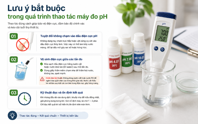 Lưu ý bắt buộc trong quá trình thao tác máy đo pH