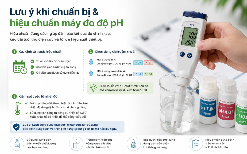 Lưu ý khi chuẩn bị và hiệu chuẩn máy đo độ PH