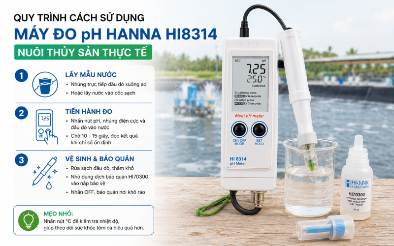 Quy trình cách sử dụng máy đo pH Hanna HI8314 nuôi thủy sản thực tế