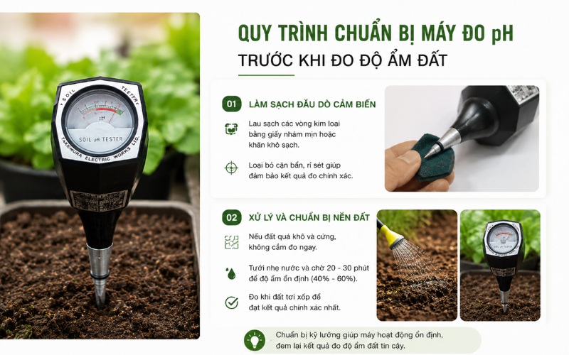 Quy trình chuẩn bị máy đo pH trước khi đo độ ẩm đất