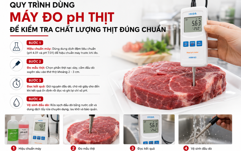 Quy trình dùng máy đo pH thịt để kiểm tra chất lượng thịt đúng chuẩn