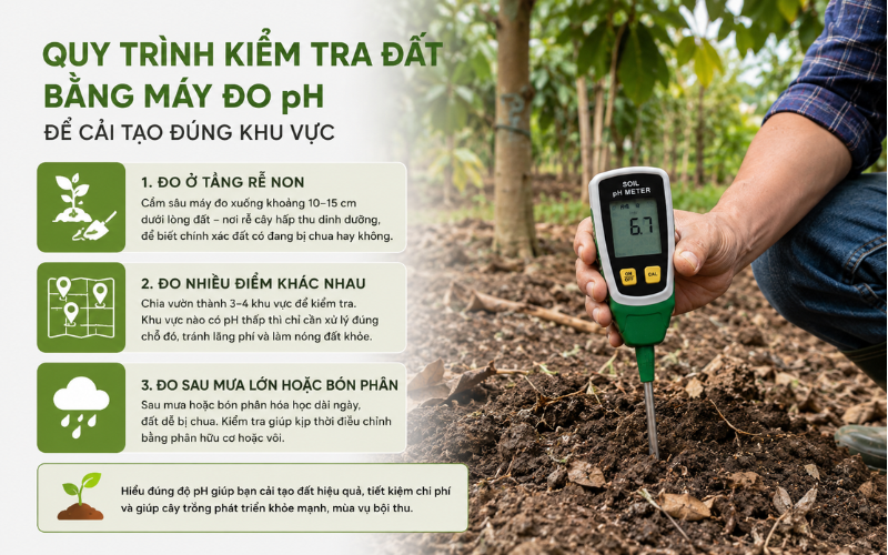 Quy trình kiểm tra đất bằng máy đo pH để cải tạo đúng khu vực
