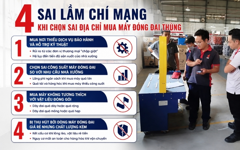 4 Sai lầm khi chọn sai địa chỉ mua máy đóng đai thùng