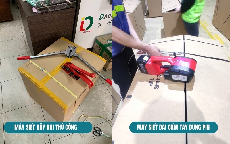 Máy siết đai cầm tay dùng pin và siết đai thủ công