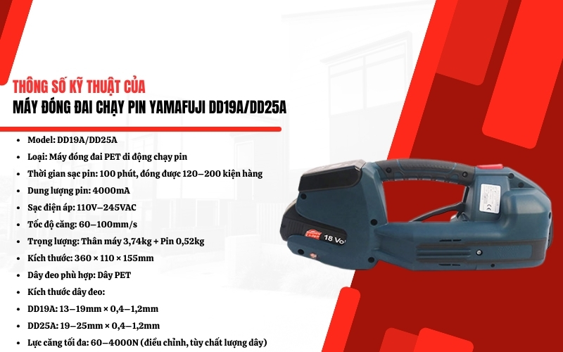 Thông số kỹ thuật của máy đóng đai chạy pin Yamafuji DD19A/DD25A